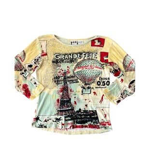 Vintage Y2K Two’s Company Embellished France Eiffel Tower Graphic 3/4 Sleeve Top
